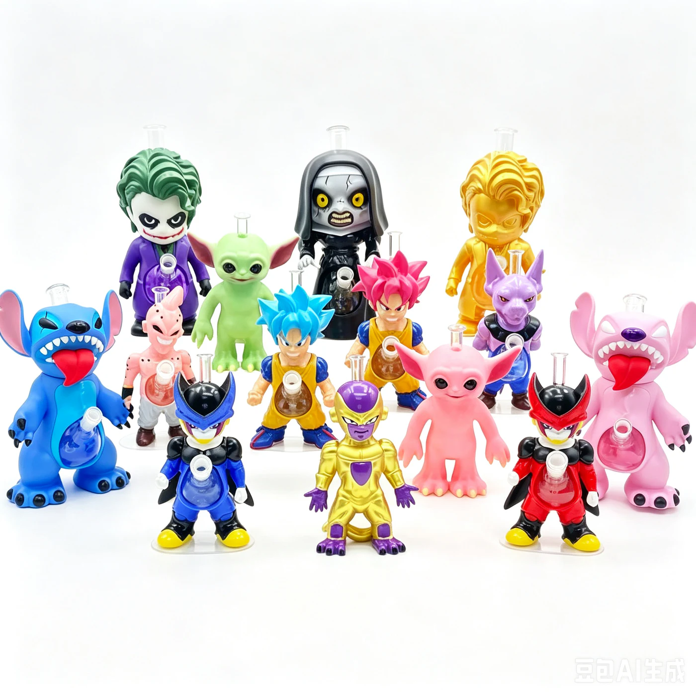 A group display of colorful character-inspired glass water pipes